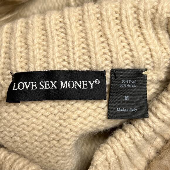 Love Sex Money Faux Fur Hooded Sweater Cream Knit Zip Up Indie Sleaze McBling - Picture 3 of 7